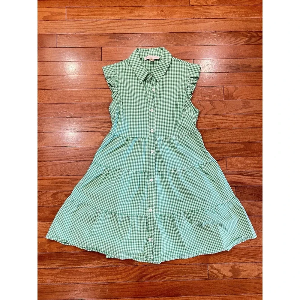 Monteau Los Angeles Girls Large Green Gingham Tiered Button Front Dress L